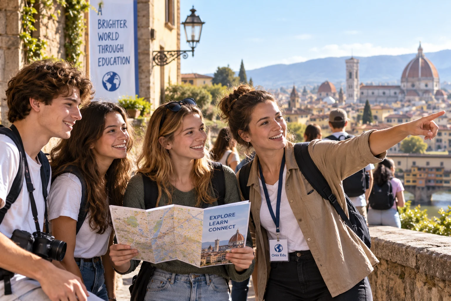 Students on an educational cultural tour with an Onix Edu guide overlooking Florence