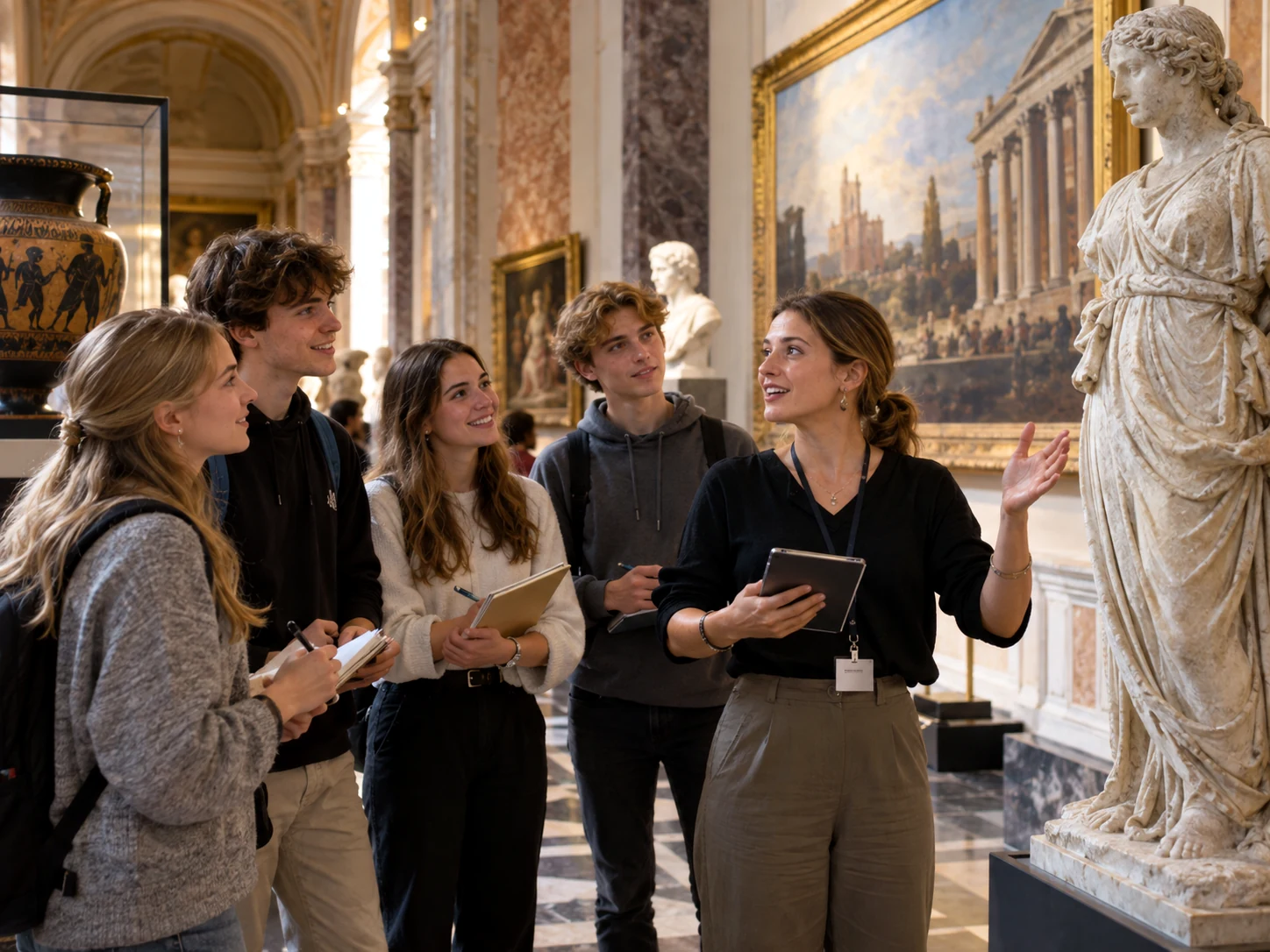 Educator leading students through a museum learning experience surrounded by art and classical sculpture
