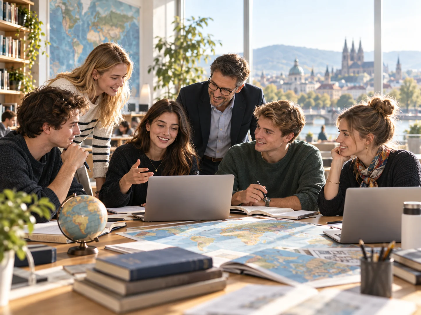 Educator and learners working together with global learning materials